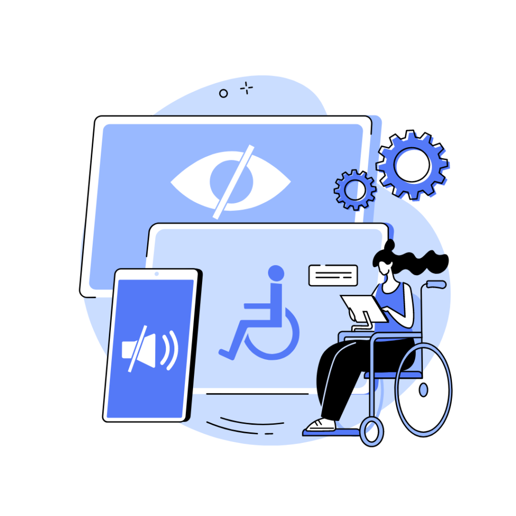 A graphic depicting digital accessibility, showing a person in a wheelchair using a tablet. Surrounding icons include a crossed-out eye for visual impairment, a speaker with sound turned off for hearing loss, and a disability symbol, emphasizing assistive technologies.