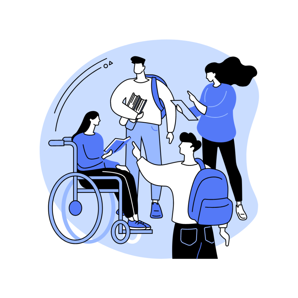 A graphic depicting a diverse group of students and a wheelchair user interacting with a woman holding a tablet, highlighting accessibility and teamwork in educational spaces.