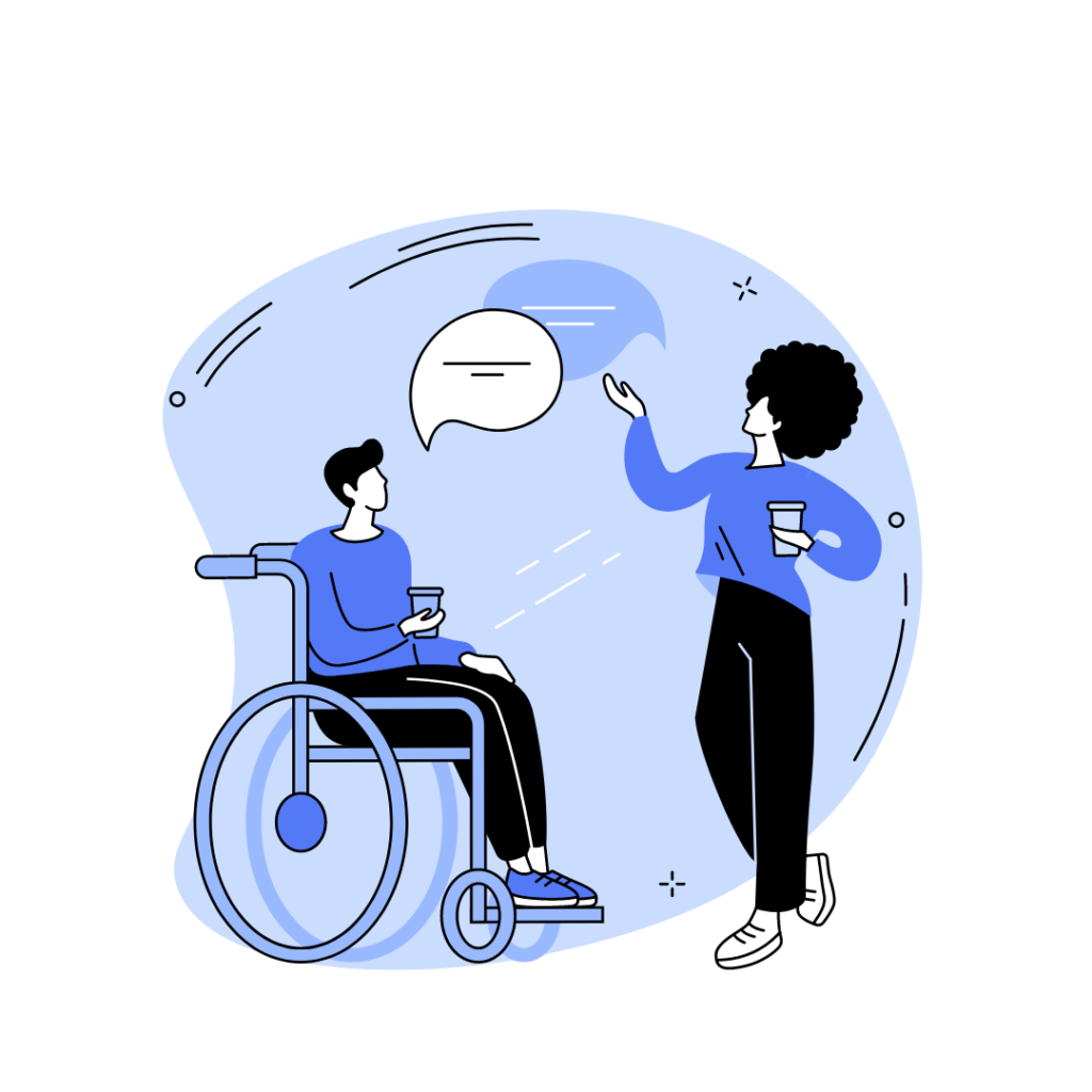 An illustration of two people engaging in conversation. The seated person, in a wheelchair, holds a smartphone, while the standing person gestures with one hand, holding a cup in the other. A speech bubble between them highlights their interaction, emphasizing communication and inclusivity.