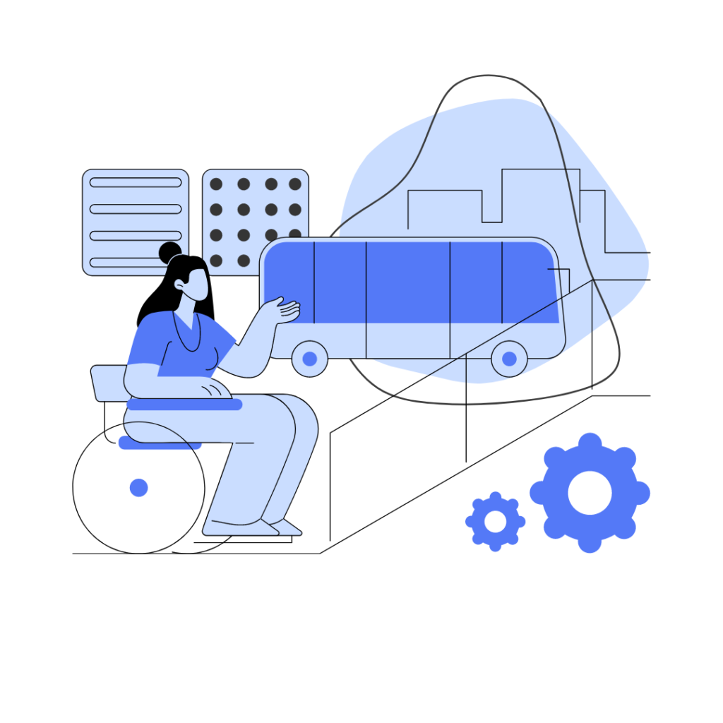A graphic depicting a wheelchair user positioned on a stairway, emphasizing the importance of inclusive design in architecture.