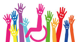 Illustration of colorful raised hands with smiling faces and a central hand integrated with a wheelchair symbol representing inclusion.