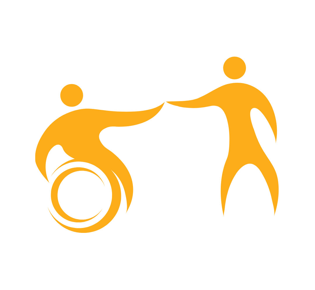 Minimalist orange design showing two figures—one seated in a wheelchair, the other standing—reaching out towards each other, symbolizing unity, accessibility, and mutual support