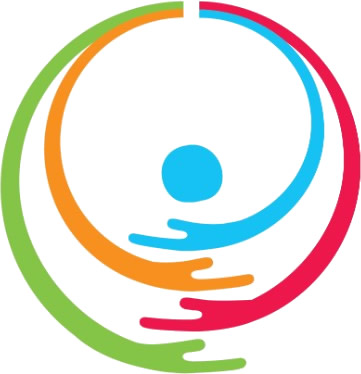 A stylized logo symbolizing inclusivity and support, with a central blue circle representing a person and curved, multicolored lines in green, orange, and red forming a circular pattern to convey unity, inclusion and diversity
