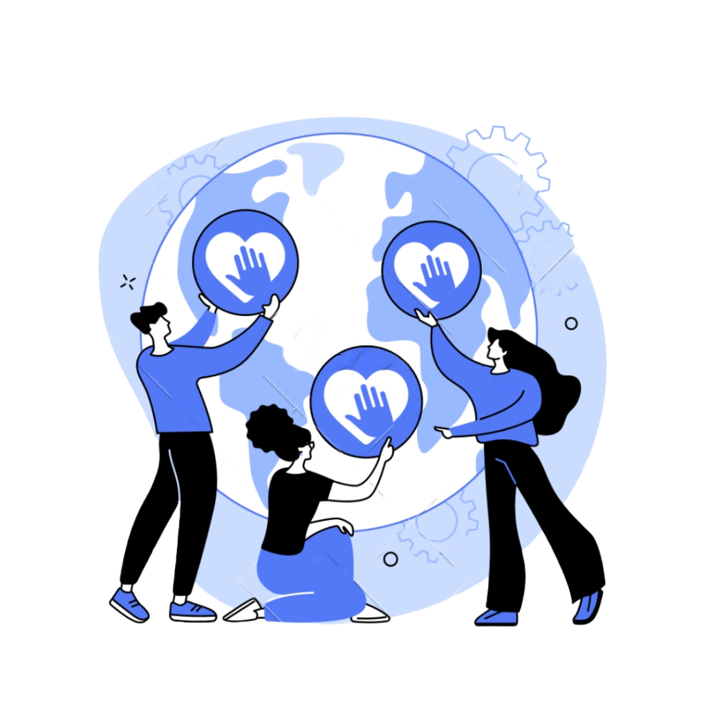 A group of three individuals working together, each lifting heart-shaped icons with hands in the center. Behind them is an image of the Earth, symbolizing global unity, inclusivity and outreach, support and collaboration.