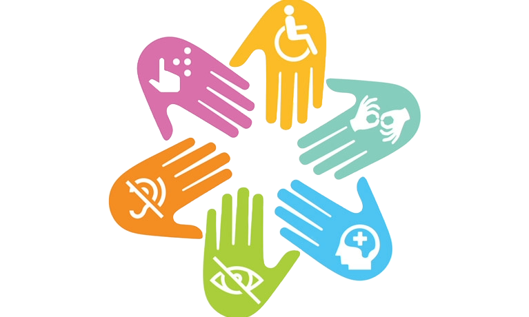 Colorful illustrative hands form a circle, each displaying a symbol representing different disabilities: physical, auditory, visual, cognitive, and speech.