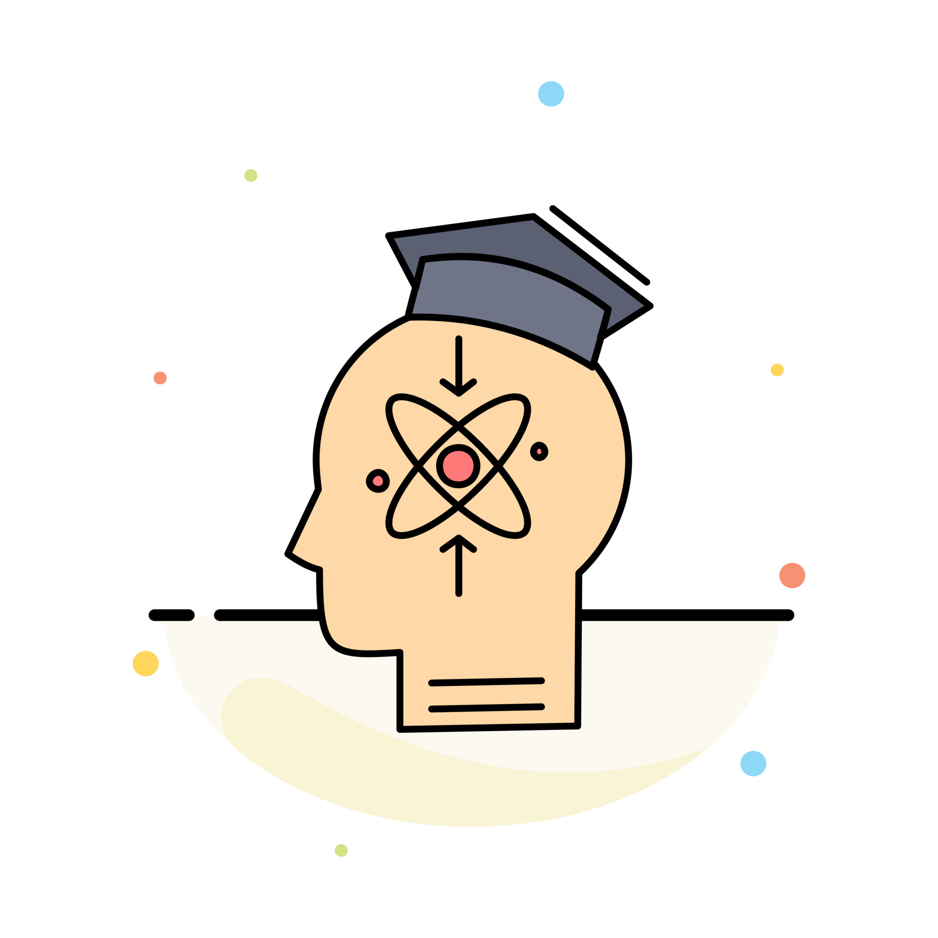 Illustration of a human head with an atomic symbol inside and a graduation cap on top, representing education and knowledge.