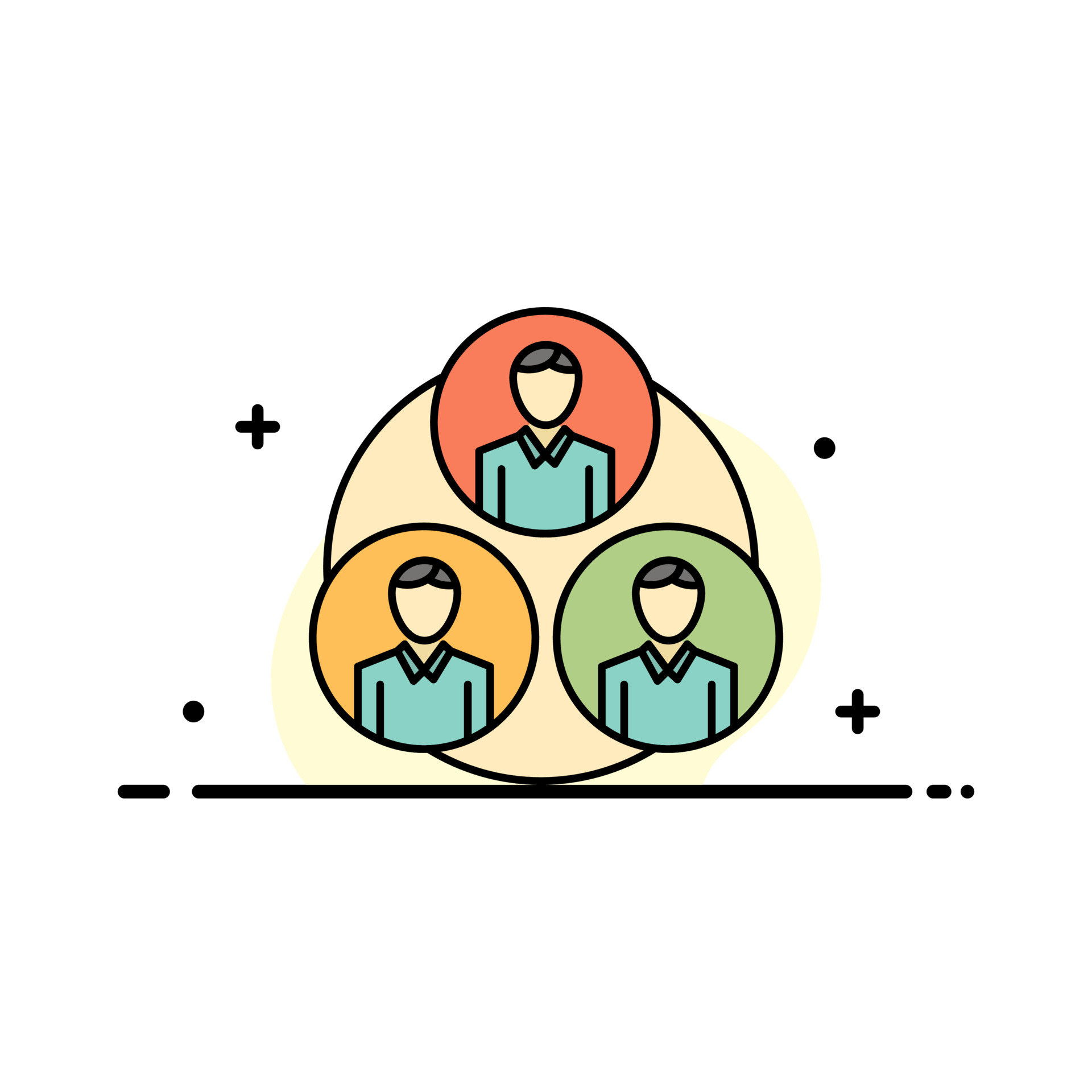 Illustration of three stylized figures inside overlapping colored circles, forming a triangular arrangement. The circles are red, orange, and green, with each figure wearing a teal shirt. The image represents inclusion, diversity, teamwork and collaboration.