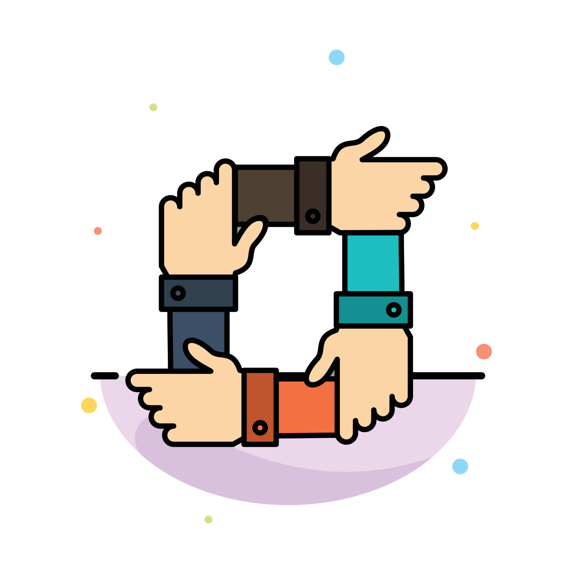 A graphic of four hands connected by holding each other's wrists, forming a square. The colorful hands, wearing sleeves in shades of orange, brown, teal, and navy, suggest collaboration and teamwork. The background is plain with scattered colorful dots.