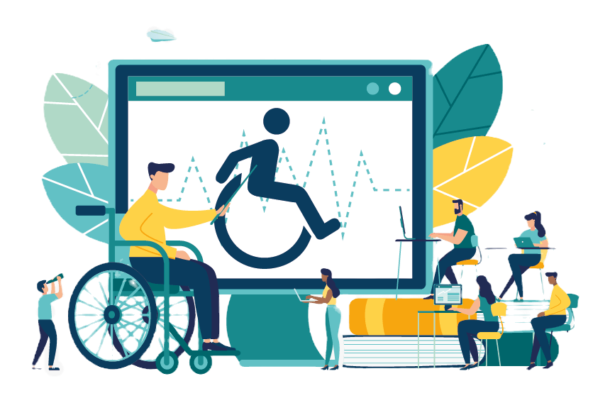 Illustration of a person in a wheelchair working on a large laptop, surrounded by smaller individuals helping and supporting in various ways. The background includes stylized clouds and greenery.