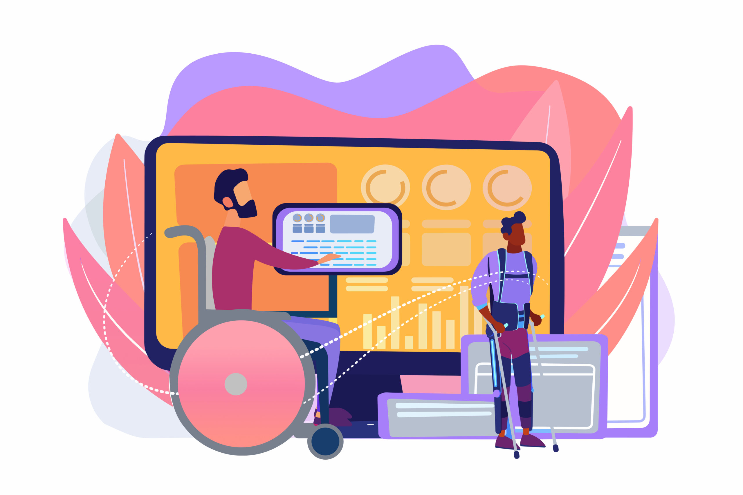 An illustration features a person in a wheelchair working on a computer and another person with crutches standing next to large digital screens displaying charts and graphs depicting. The background includes abstract shapes in pink and purple hues.