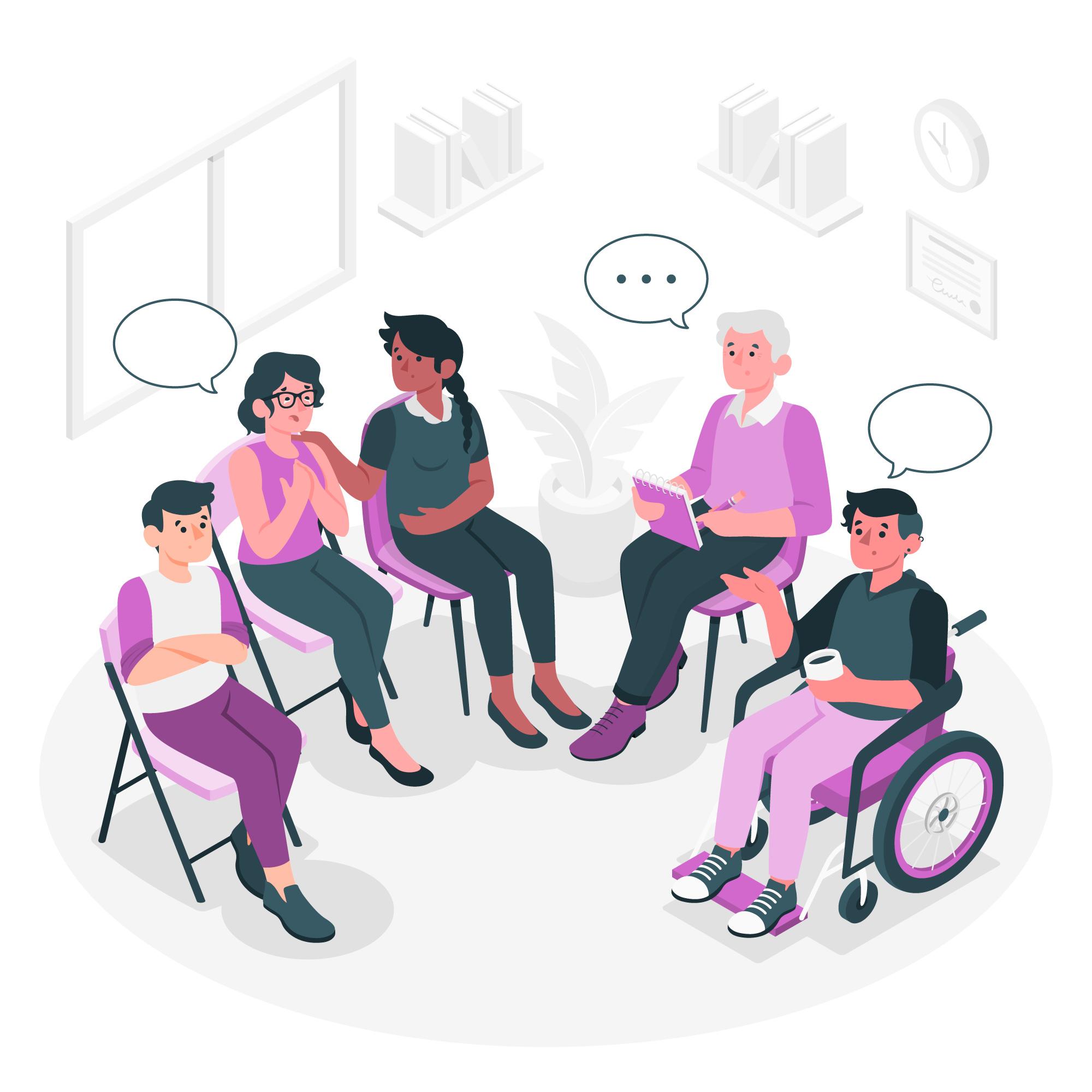 Isometric design of various individuals conversing while seated, representing dialogue and social connection.