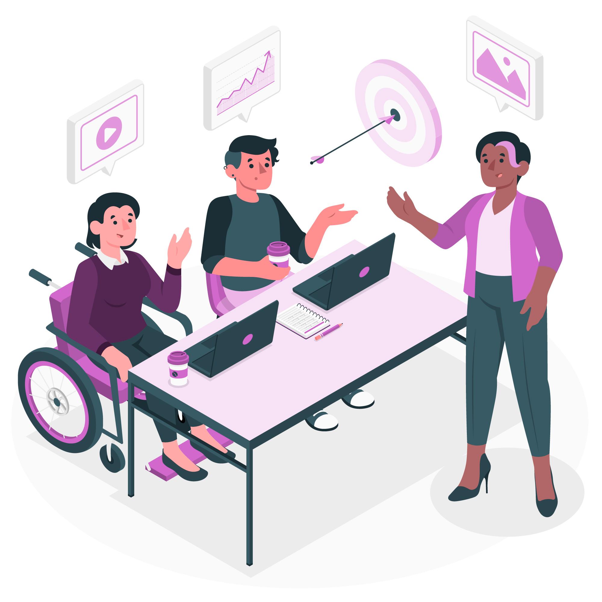 A woman in a wheelchair participates in a meeting with two people, highlighting inclusivity in a educational and professional environment.