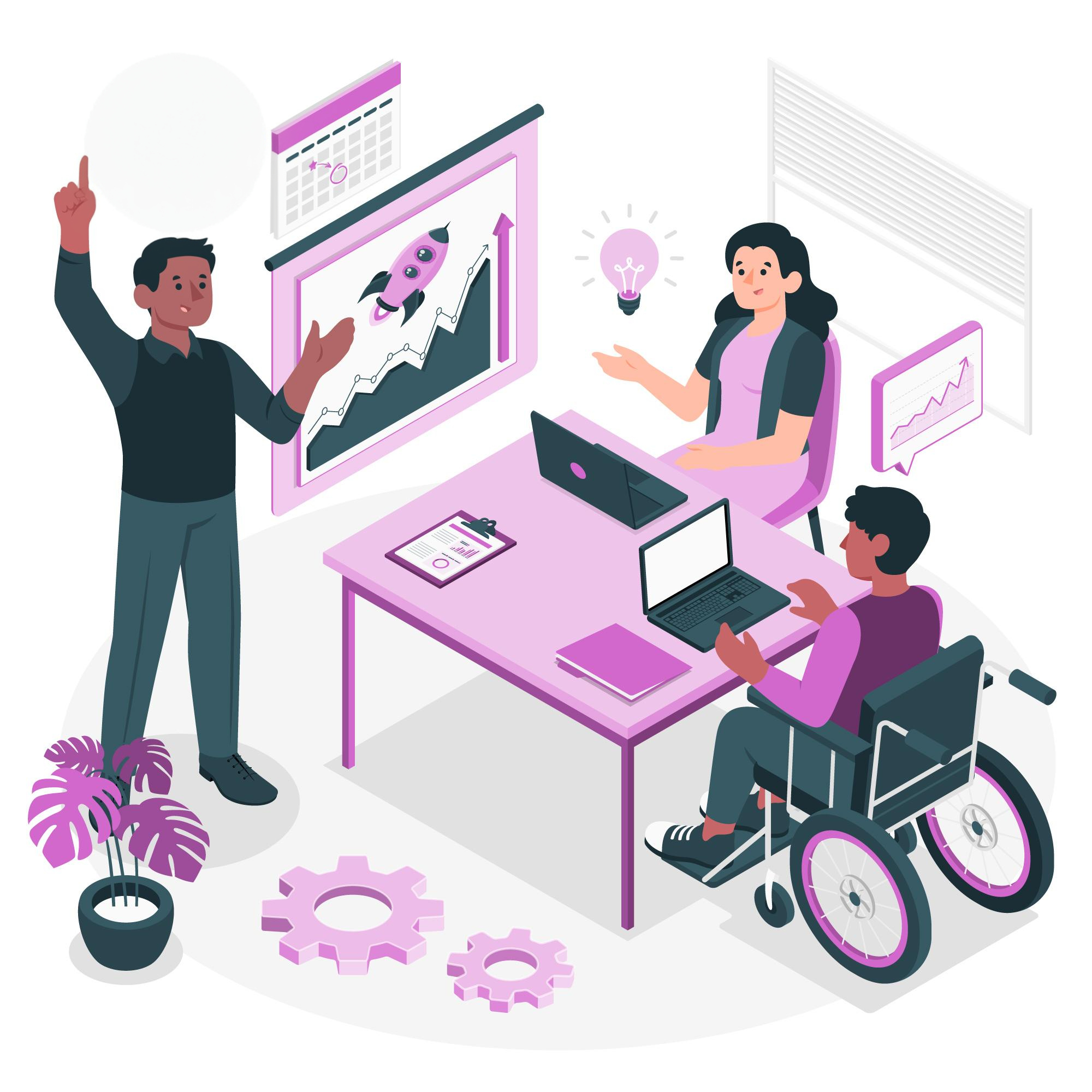 Isometric depiction of a disabled person and an able man and woman engaged in a discussion within a educational or research space.