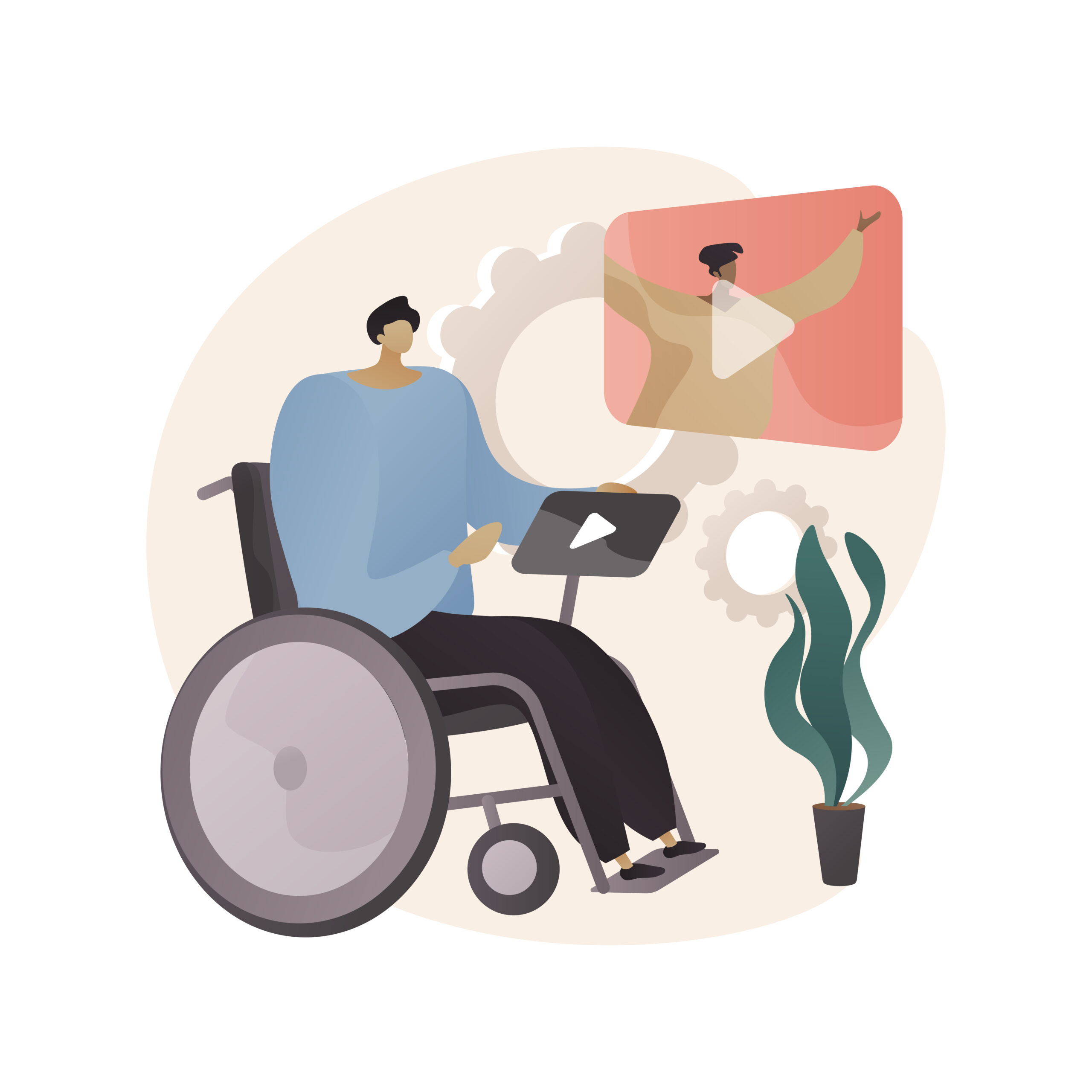 Illustration of a person in a wheelchair holding a tablet. The tablet displays a video of another person gesturing depicting accessible technology. There are gears in the background and a potted plant nearby.