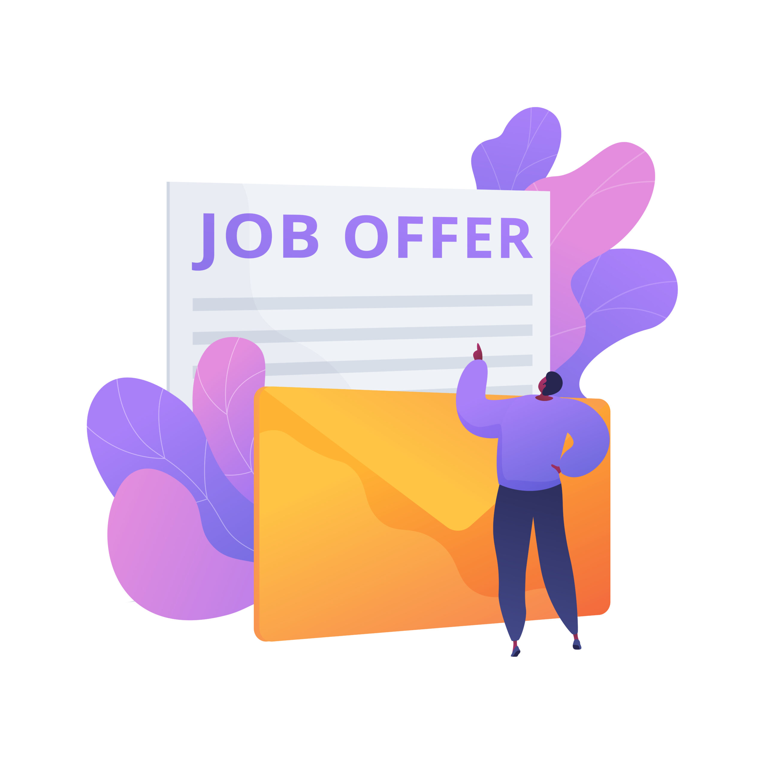 A person stands in front of a giant envelope and a large document labeled "Job Offer" set against a backdrop of abstract purple and pink leaves. The person is pointing towards the document, seemingly excited or thoughtful. The scene is illustrated in a modern, vibrant style.