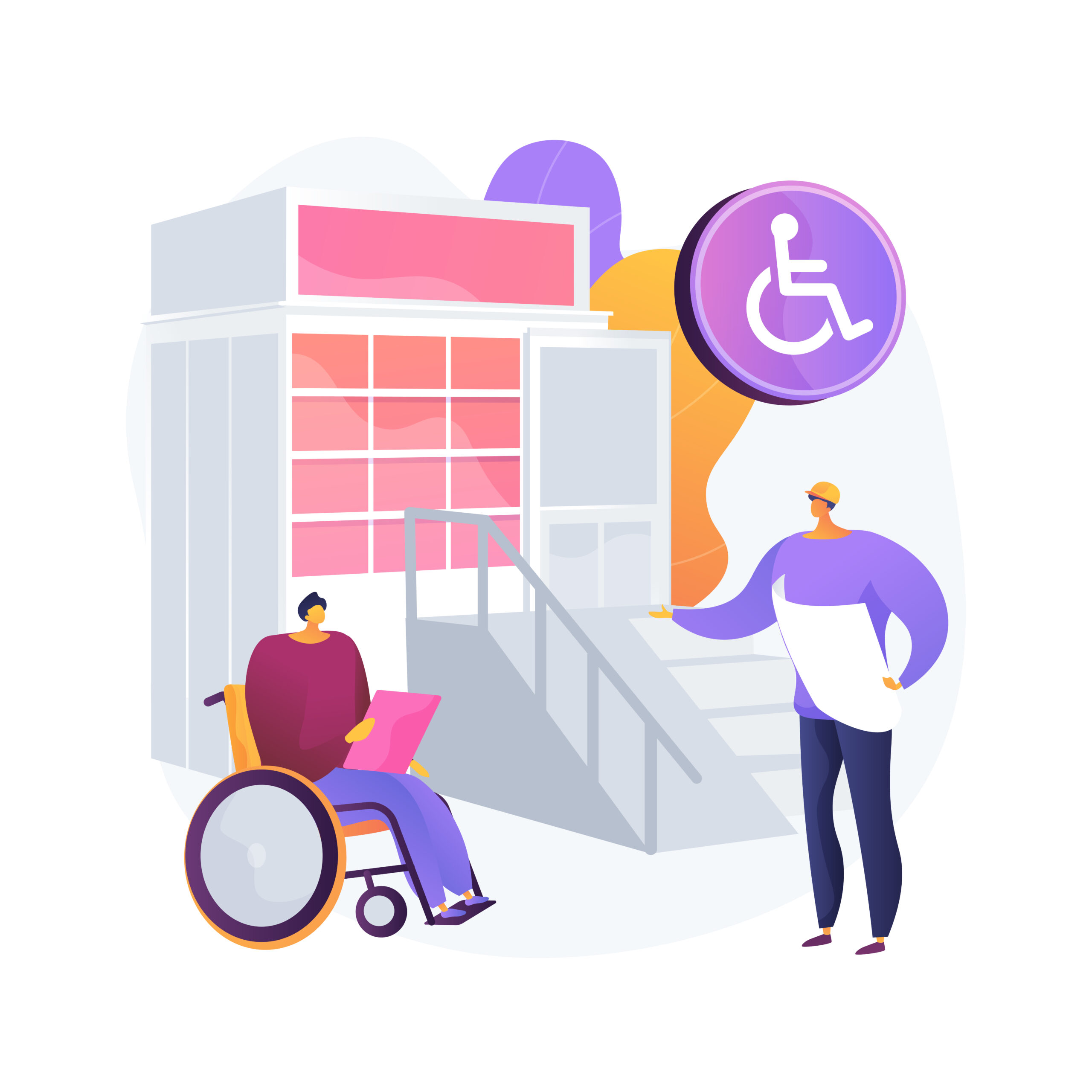 Illustration of a person in a wheelchair holding a tablet and another person wearing glasses holding a blueprint in front of a building with a ramp. A large accessibility symbol is displayed above them. The scene emphasizes accessibility and inclusivity in public spaces.