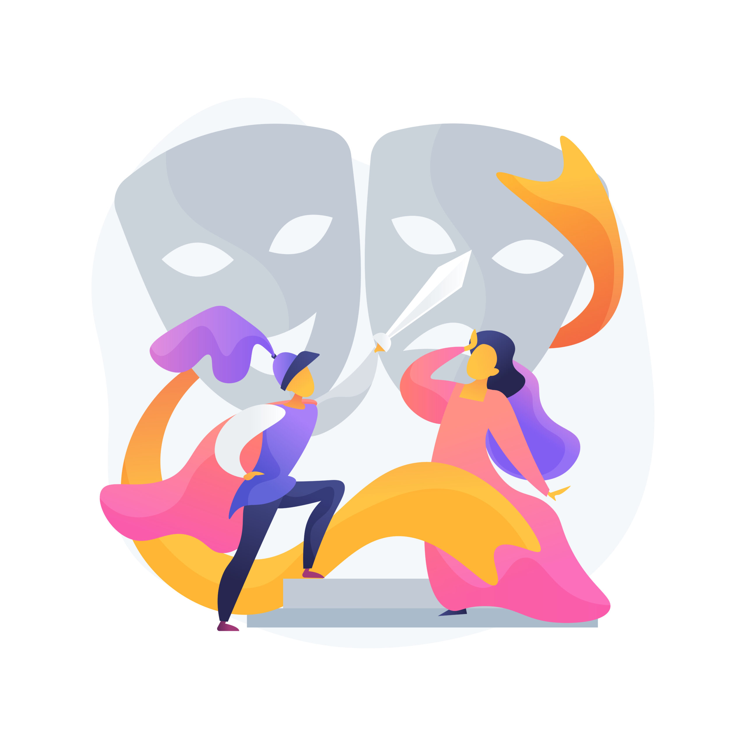 Colorful illustration of two people performing in front of oversized theater masks. One figure wields a sword, while the other strikes a dramatic pose. The bright colors and flowing designs emphasize creativity and theatrical performance.