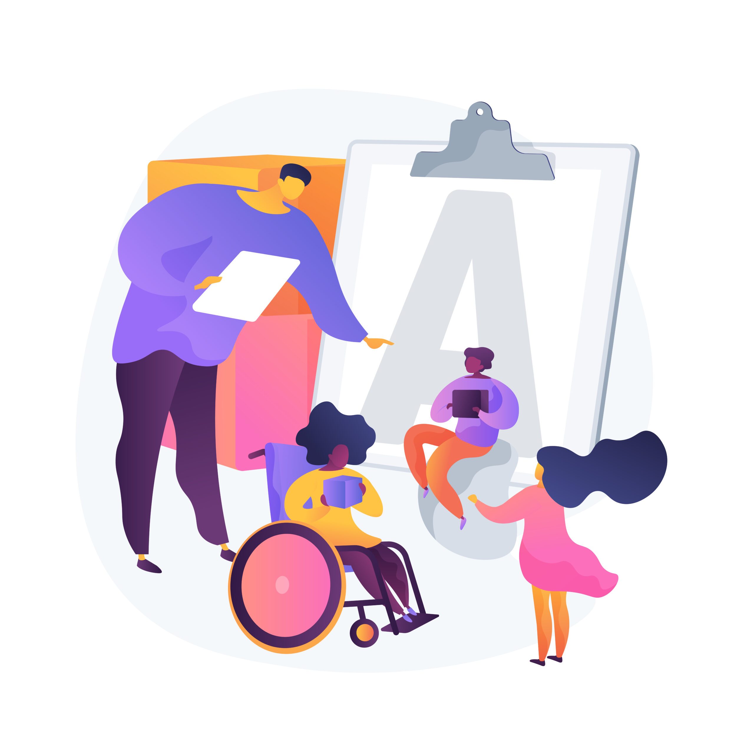 Illustration of diverse individuals learning and collaborating. A person in a wheelchair holds a device, another person points to a clipboard with the letter "A," and two others engage in conversation. The scene is colorful and abstract, conveying education and inclusivity.