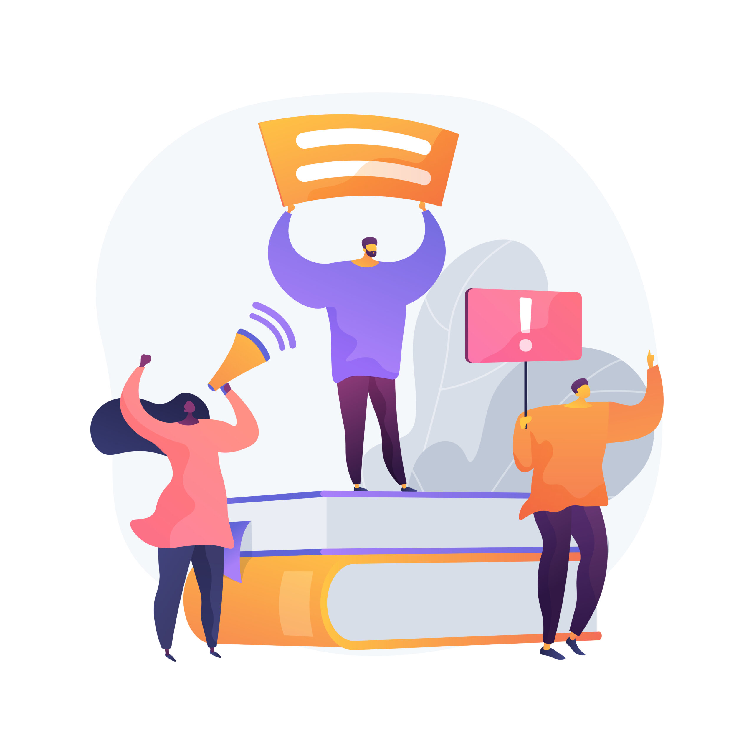 Abstract illustration of a demonstration scene where three people stand on a giant book. One holds a sign with an exclamation point, another speaks through a megaphone, and the third holds a sign with horizontal bars, suggesting protest or advocacy