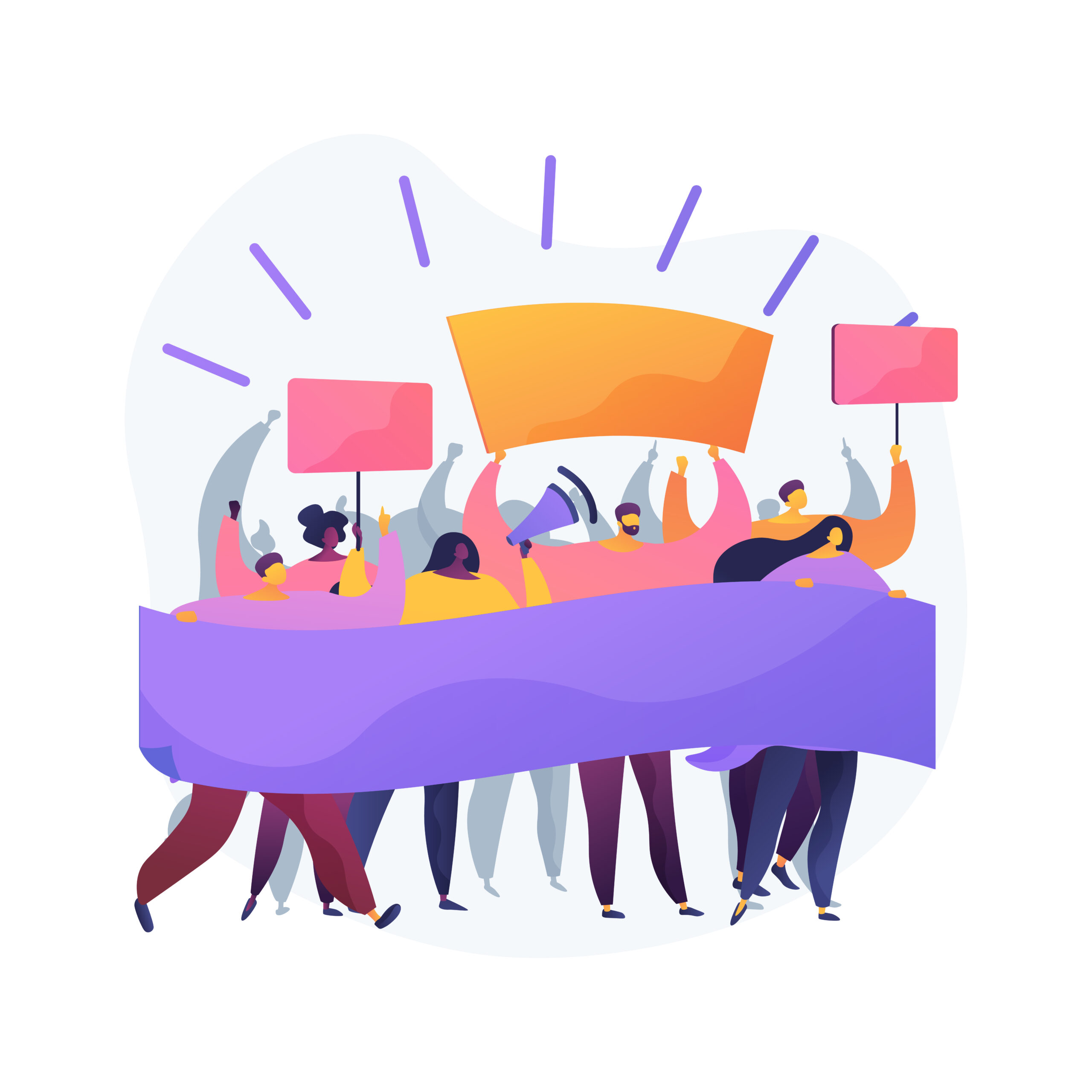 Illustration of a group of people marching in a protest, holding signs and a long purple banner. Some raise their fists, and one person speaks through a megaphone. The bright colors and energetic poses emphasize the atmosphere of activism and solidarity.