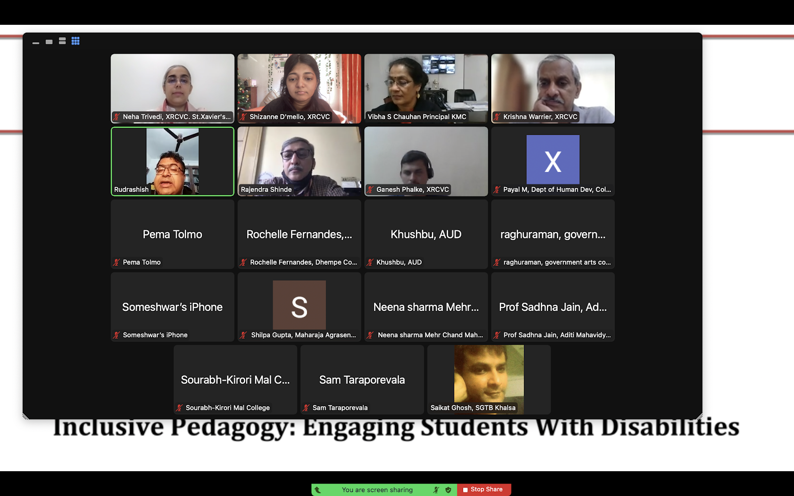 A busy Zoom conference grid featuring 20 participants, some visible, some with name cards, and a titled slide at the bottom, "Inclusive Pedagogy: Engaging Students With Disabilities."