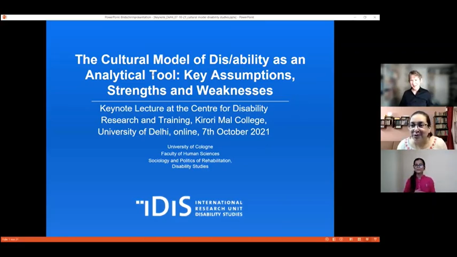 A screenshot of an online lecture with a title slide "The Cultural Model of Dis/ability as an Analytical Tool: Key Assumptions, Strengths and Weaknesses" and three speakers in video panels on the right.