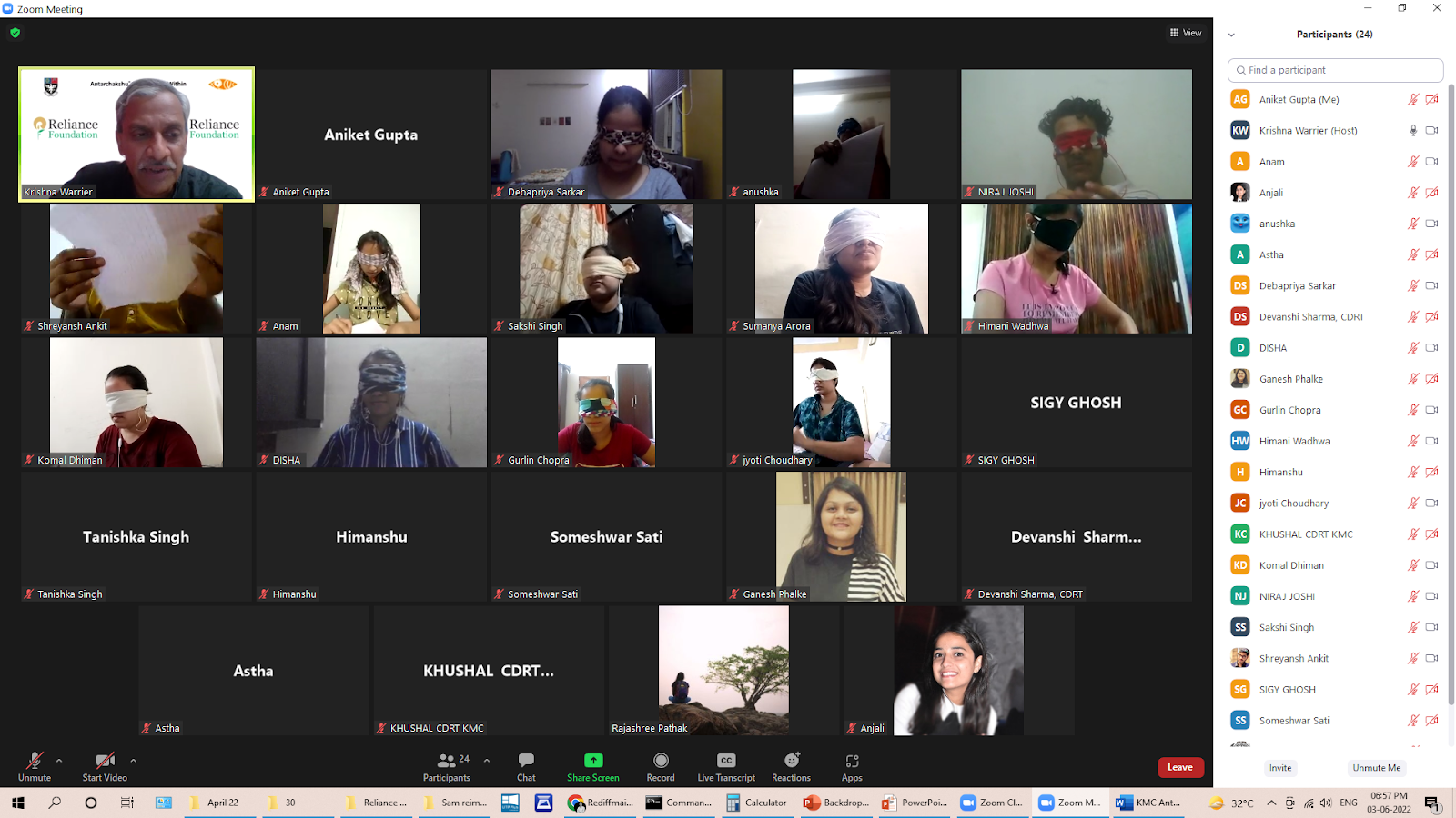 Three images of online meetings. The top left shows blindfolded participants in a Zoom call. The top right shows a movie presentation with an ISL interpreter. The bottom two are grid views of a Zoom meeting with multiple participants, including ISL interpreters.