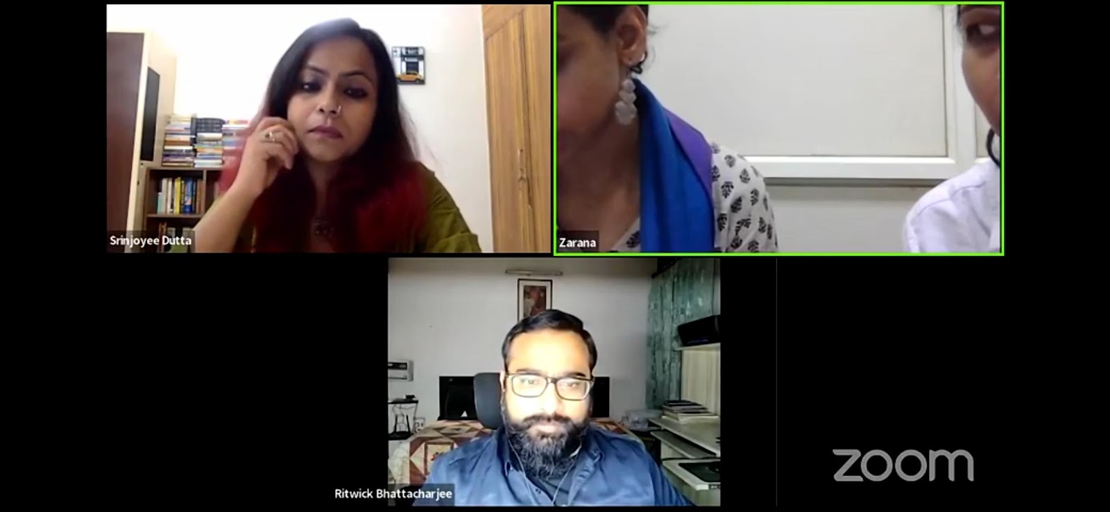A three-person video conference featuring Srimoyee Dutta, Zarana, and Ritwick Bhattacharjee, each in their own frame, against various indoor backdrops.