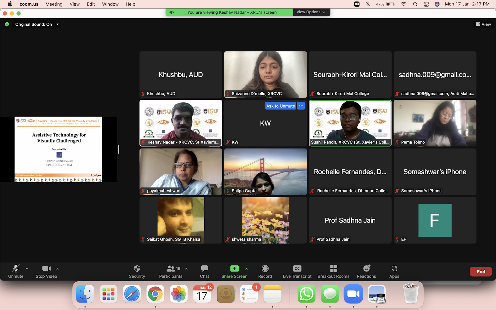 A screenshot of participants over a zoom call. Shared on the screen is a presentation titled "Assistive Technology for Visually Challenged"