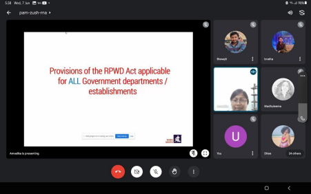 A Google Meet session is underway with a slide stating “Provisions of the RPWD Act applicable for ALL Government departments / establishments,” and multiple participants and the presenter are visible.