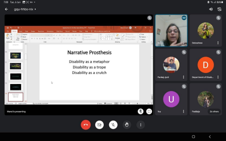 A virtual class is in session via Google Meet, showing a slide titled "Narrative Prosthesis" discussing disability as metaphor, trope, and crutch, with participants and the presenter visible on screen.