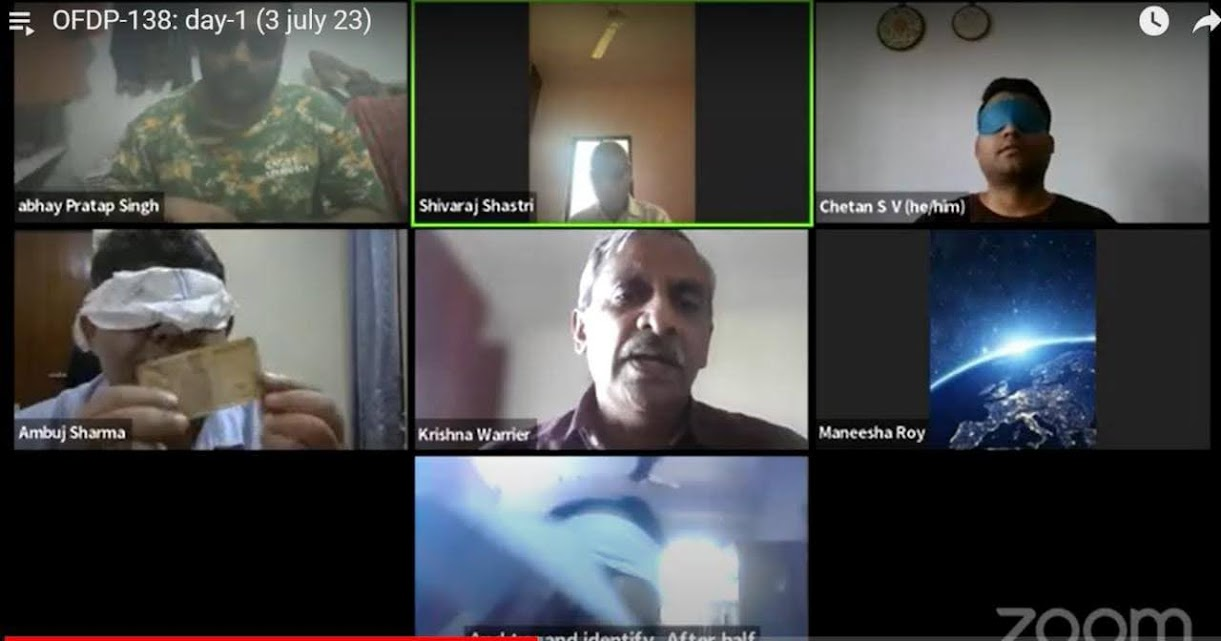  OFDP-138 Day 1 session held on July 3, 2023, showing participants in a Zoom meeting, with some blindfolded, including Chetan S V and Ambuj Sharma engaging in activities.