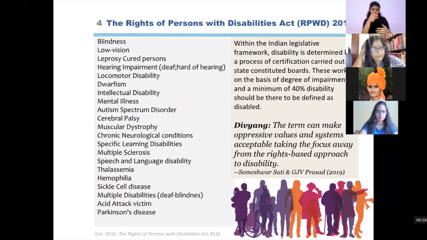 A slide from a presentation titled "4 The Rights of Persons with Disabilities Act (RPWD) 2016," listing various disabilities and defining disability within Indian law. Several video call participants are on the right.