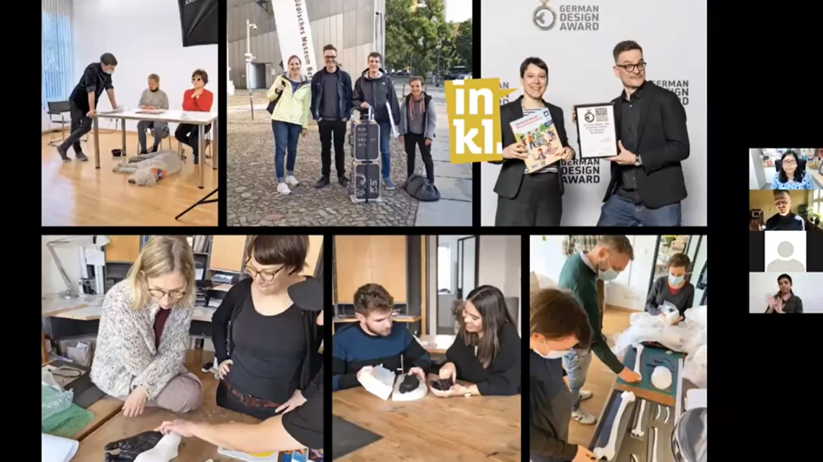 A video call displays a collage of six photos. The top row shows people working, using a device, and receiving an award. The bottom row shows people engaged in hands-on activities, with four small video feeds on the right.