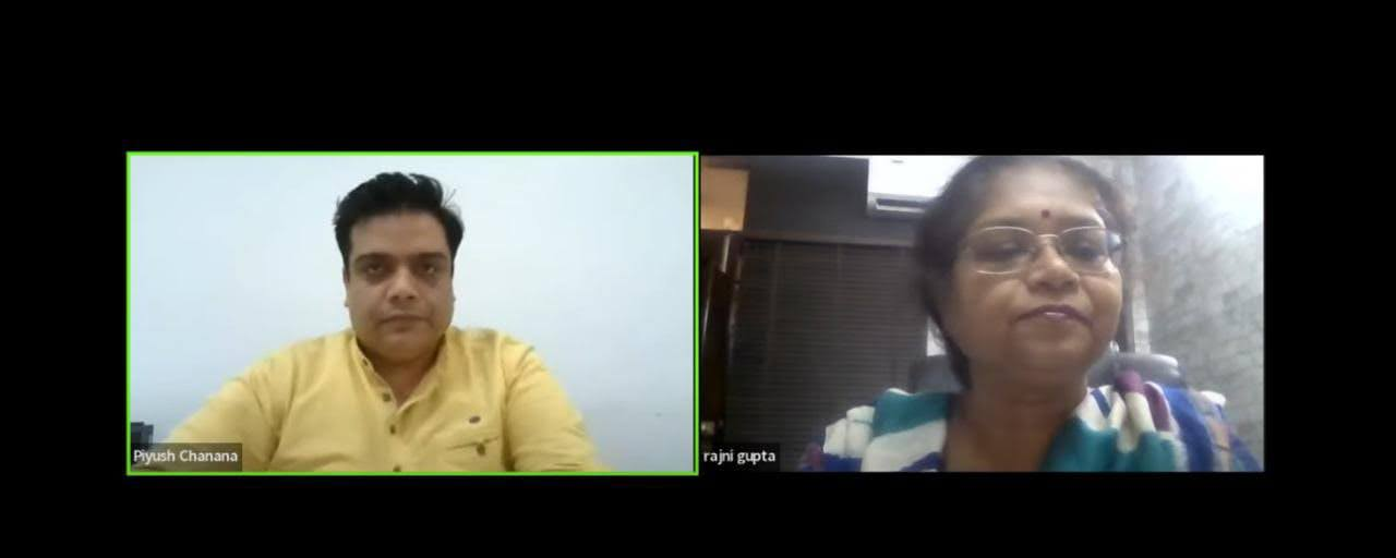  Zoom meeting featuring Piyush Chanana in a yellow shirt and Rajni Gupta in a saree, both in individual frames, part of an online FDP session.