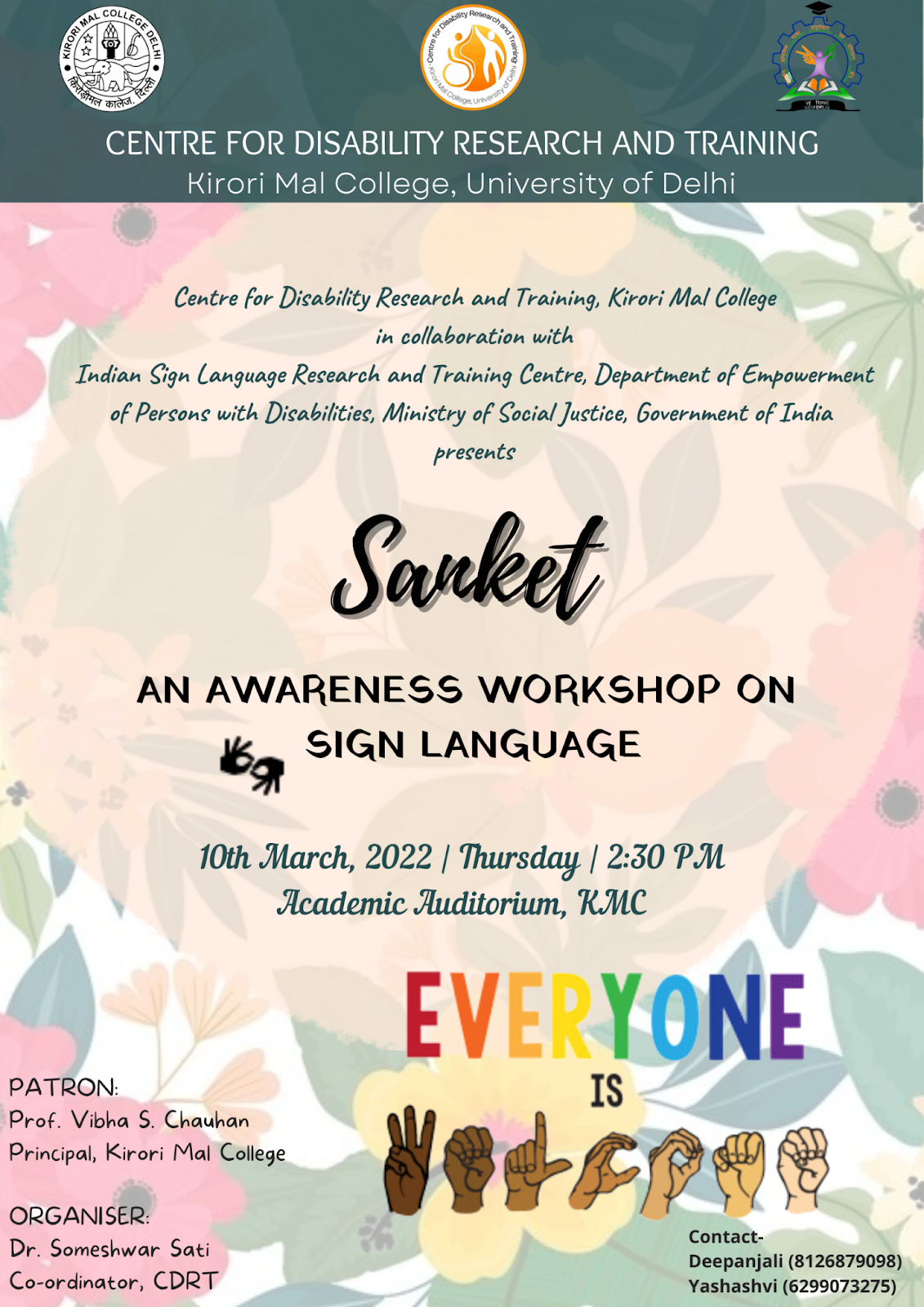 A promotional poster for "Sanket," an awareness workshop on sign language, organized by the Centre for Disability Research and Training, Kirori Mal College, University of Delhi, held on 10th March 2022.