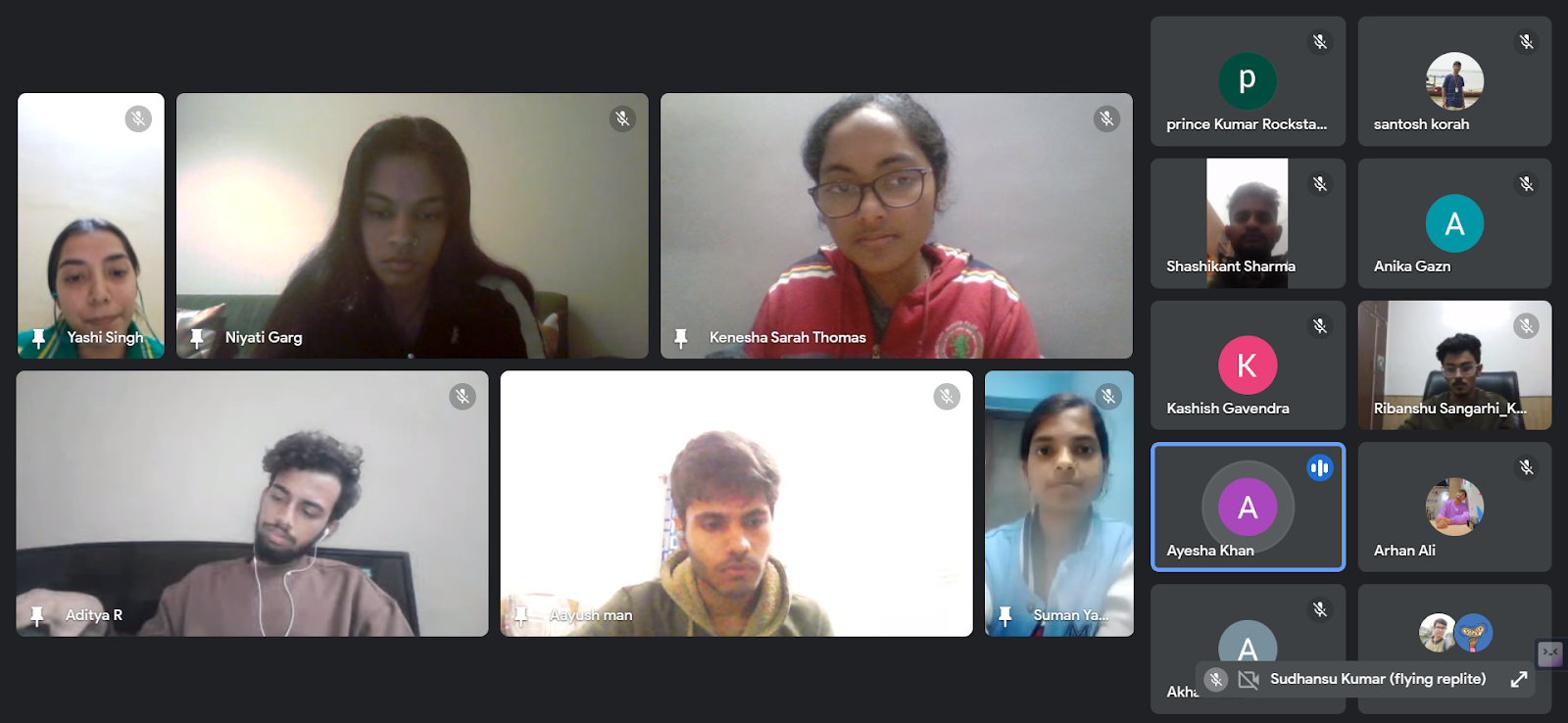 A screenshot of a video conference with multiple participants. Some participants are visible, while others have their cameras off, showing profile icons. It captures a typical online meeting or class setting.