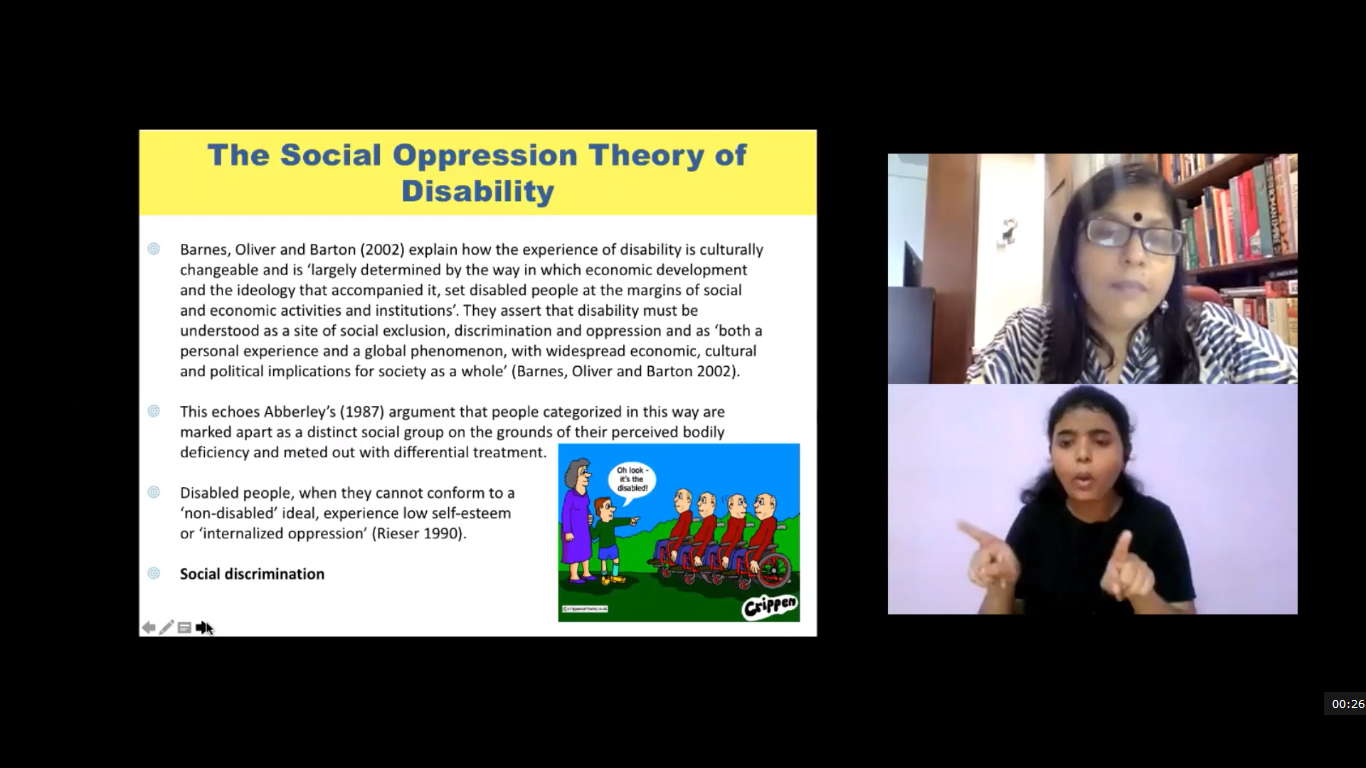 A presentation slide on "The Social Oppression Theory of Disability" is displayed, with text and a cartoon illustration. Two video call participants are shown on the right, one speaking and one signing.