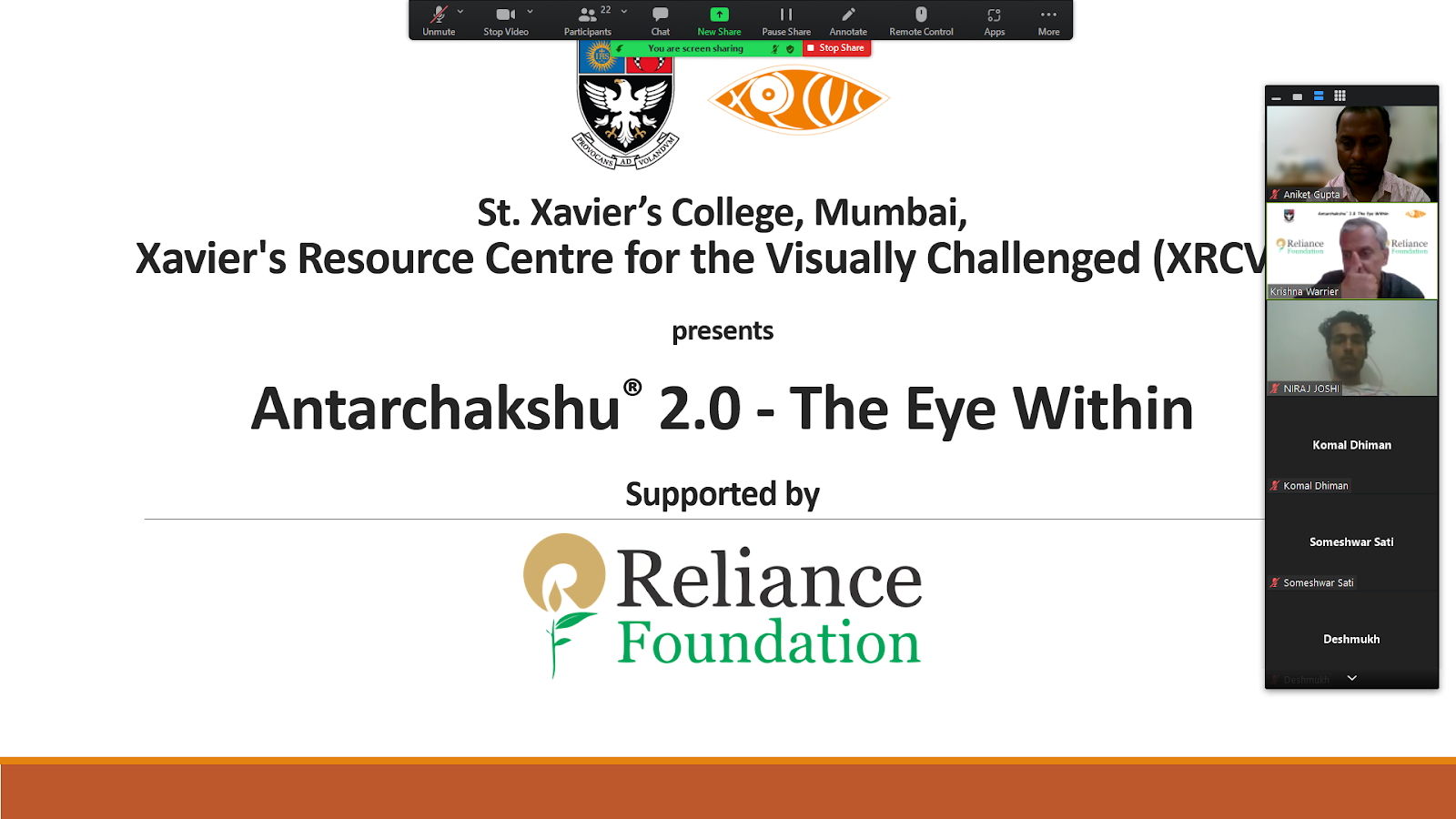 A Zoom meeting screenshot displaying a presentation slide for "Antarchakshu® 2.0 - The Eye Within" by St. Xavier's College, XRCVC, and Reliance Foundation, with multiple participant video feeds on the right.