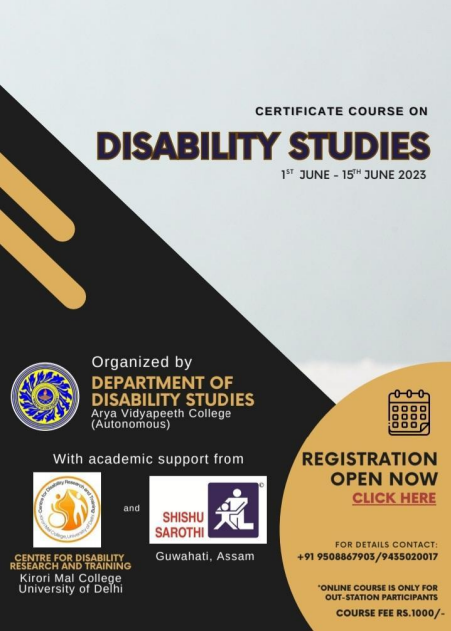Poster for a certificate course on Disability Studies from June 1–15, 2023, organized by Arya Vidyapeeth College with support from DU and Shishu Sarothi; registration details included.