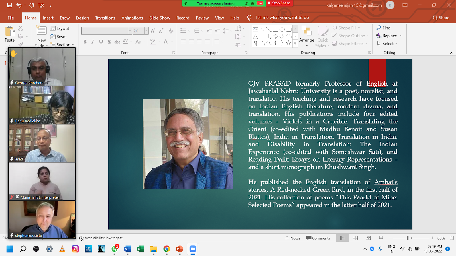 A screenshot of a Zoom meeting shows a man in the main frame, smiling, with text describing G.J.V. Prasad's biography and publications. On the left, several participants are visible in smaller video feeds.