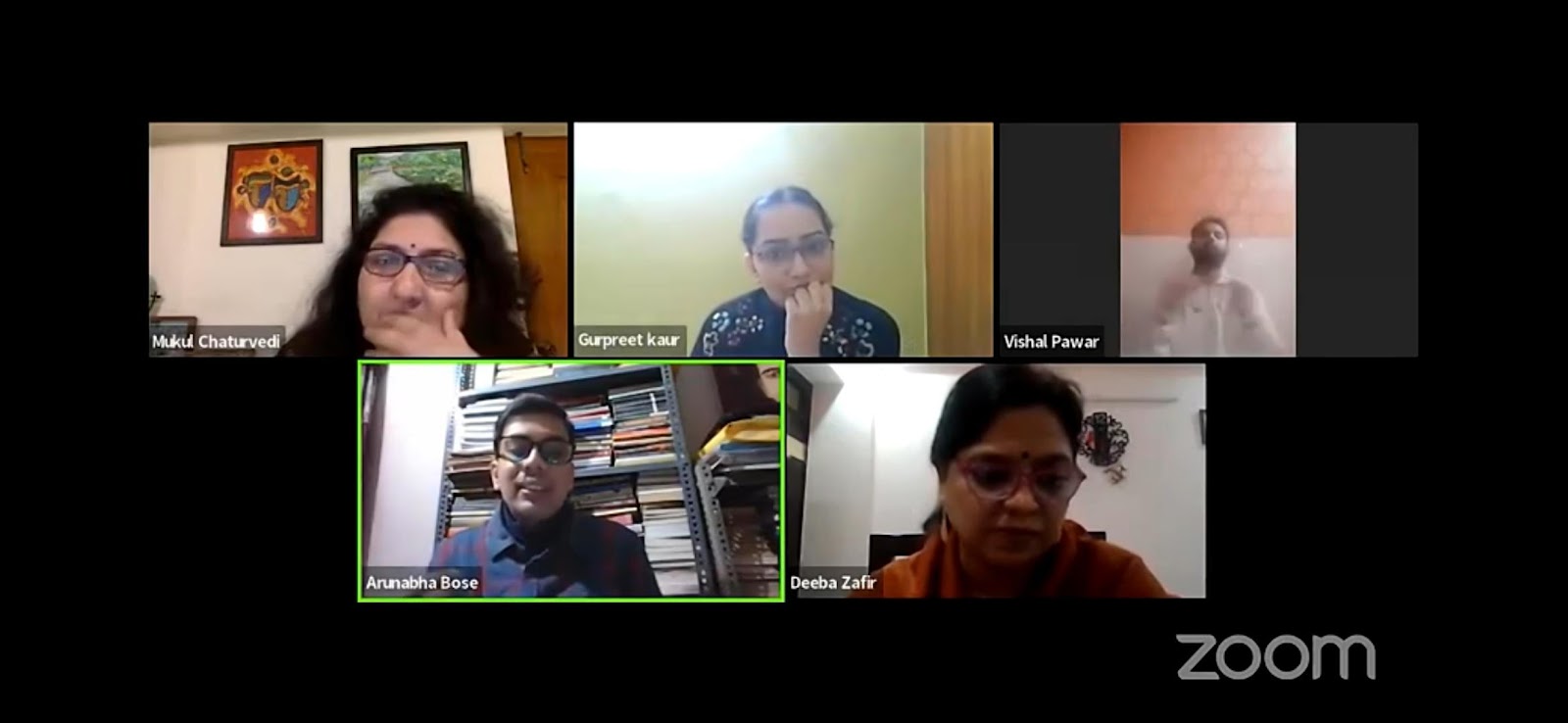 A five-person Zoom call showing participants Mukul Chaturvedi, Gurpreet Kaur, Vishal Pawar (signing), Arunabha Bose (highlighted), and Deeba Zafir, against various indoor backgrounds.