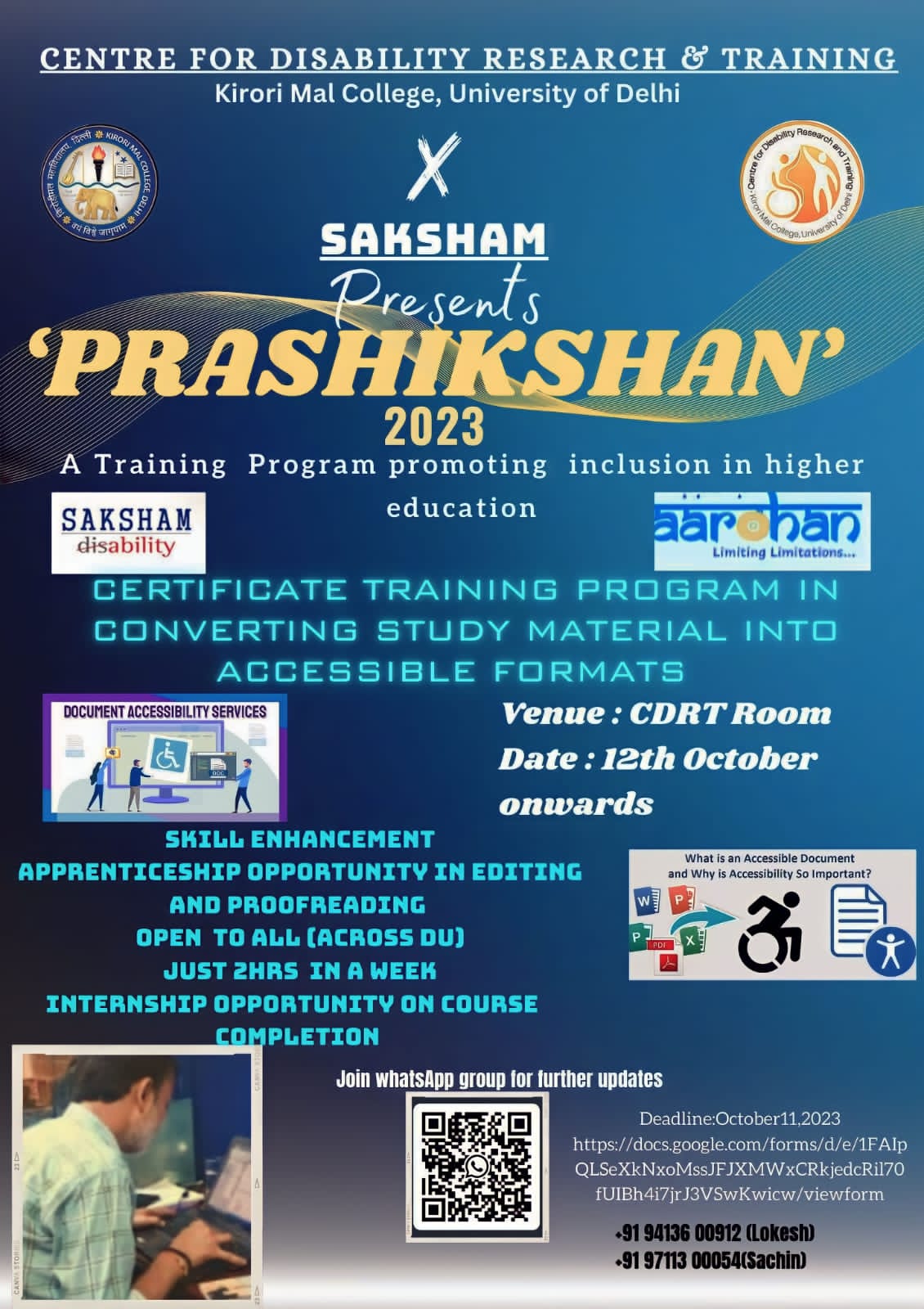 A blue and white poster announces "Prashikshan 2023," a training program by Saksham and Centre for Disability Research & Training. It offers a certificate training program in converting study material into accessible formats, with an apprenticeship opportunity. Details for the venue (CDRT Room), date (October 12th onwards), and contact information are provided.