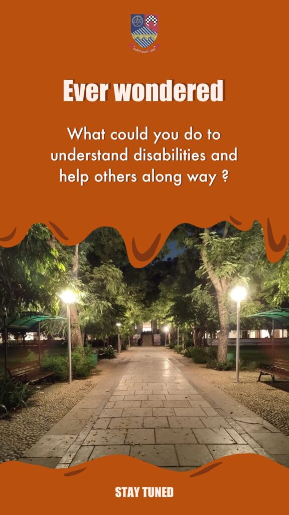 A compelling graphic asking, "Ever wondered What could you do to understand disabilities and help others along way ?" atop an illuminated pathway at night, with the call to action "STAY TUNED."