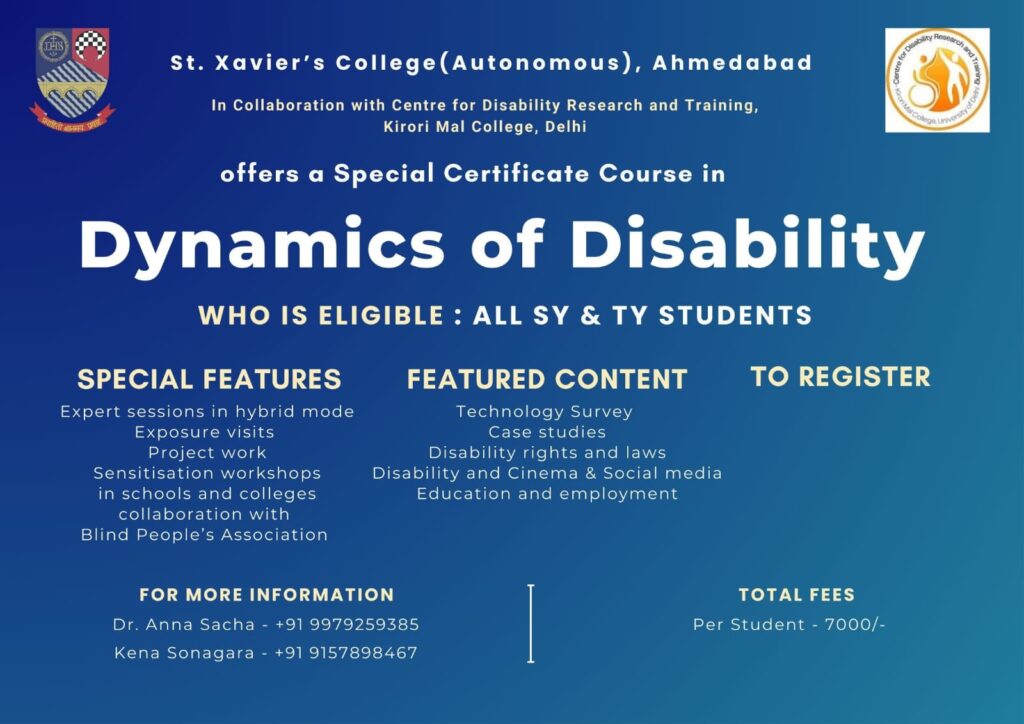 A poster advertises a "Special Certificate Course in Dynamics of Disability" offered by St. Xavier's College, Ahmedabad, in collaboration with Kirori Mal College, Delhi, with details on eligibility, features, content, and fees.
