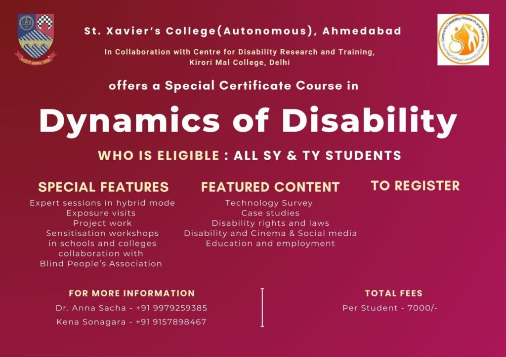 A poster advertises a "Special Certificate Course in Dynamics of Disability" offered by St. Xavier's College, Ahmedabad, in collaboration with Kirori Mal College, Delhi, with details on eligibility, features, content, and fees. 