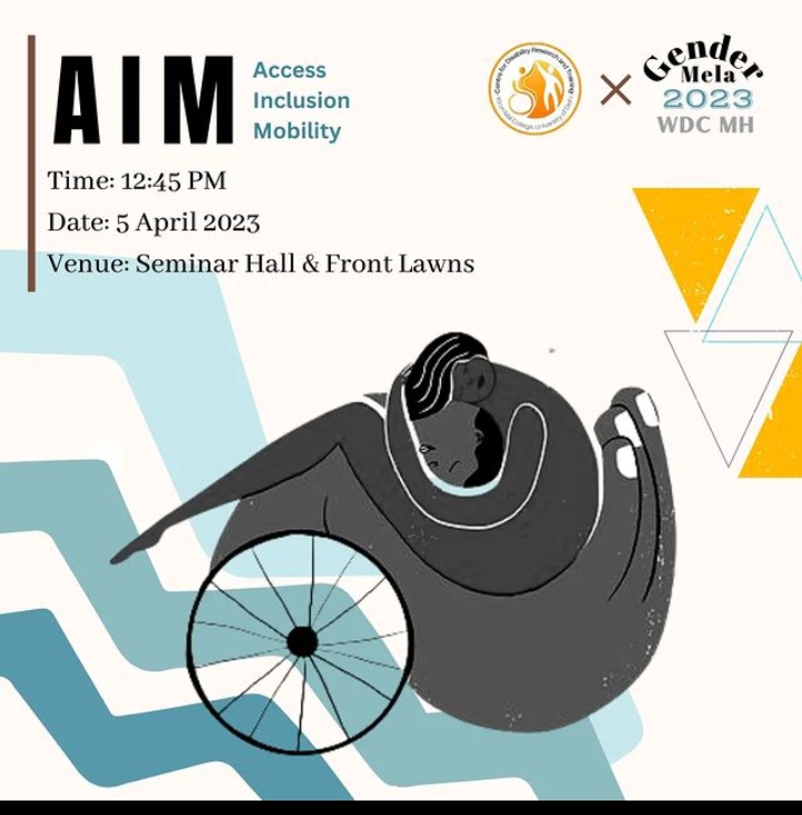 A composite of eight images, including two event posters ("Bhool Bhulaiyaa" presentation, "AIM Gender Mela") and six screenshots of virtual meetings and presentations, some featuring ISL interpreters and blindfolded participants.