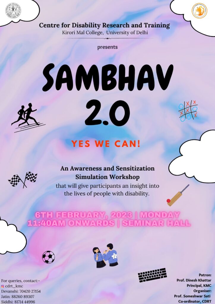 A grid of four images from online meetings and an event poster. The top two are Zoom calls with ISL interpreters. The third shows a presentation on "Bhool Bhulaiyaa" with video participants. The last is a poster for "SAMBHAV 2.0" awareness workshop.