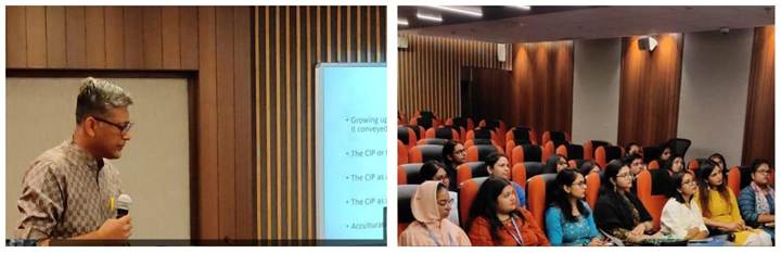 A diverse collage of twelve images, including event posters ("Sambhav '22", "Eye Donation"), screenshots of online meetings (some with ISL interpreters and blindfolded participants), and photos of outdoor and indoor events.