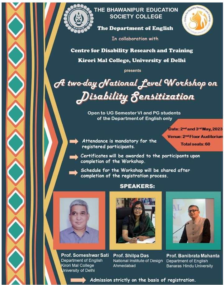A composite of eleven images. It includes event posters ("Sambhav '22", "Eye Donation", "Disability Sensitization Workshop"), photos of outdoor and indoor events (including a panel discussion and group photos), and a wide shot of an auditorium.